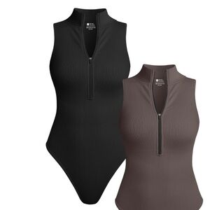 BLACK - TOB Women's Bodysuit Sexy Ribbed Short Sleeve Zip Stretch Tops Bodysuits